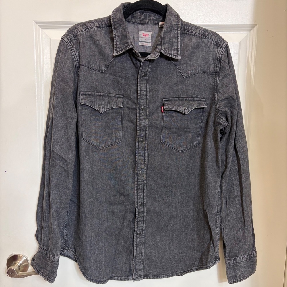 Levis Mens Barstow Western Denim Shirt Washed Black Snap Button Medium Standard